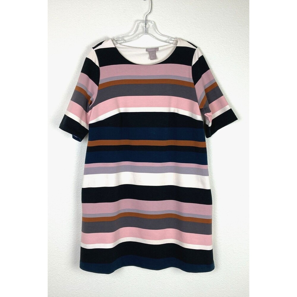 H&M Mini Sheath Dress Size L Striped Stretch Ponte Knit Pockets